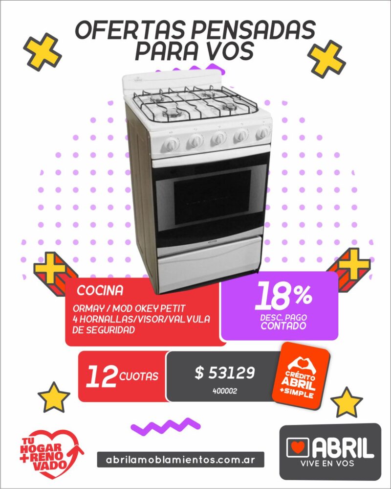 Cocina Ormay Okey Petit 4 Hornallas con Visor y Válvula de Seguridad